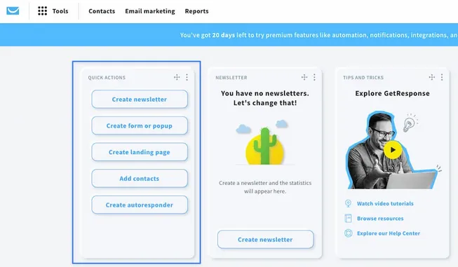 Customizable Quick Actions widget lets you quickly perform your key marketing activities