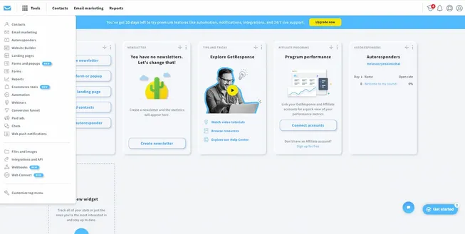 GetResponse dashboard with the Tools listed unfolded