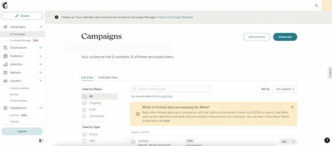 Mailchimp dashboard with the tools list unfolded