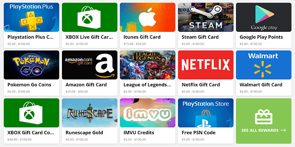 Some popular gift card rewards ZoomBucks offers include