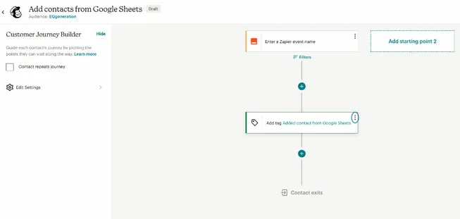 automation-builder-mailchimp Mailchimp’s automation builder with a loaded template that lets you add new contacts from Google Sheets via Zapier