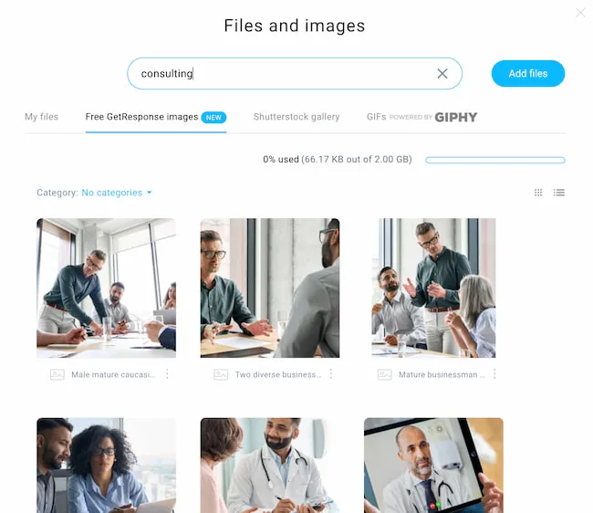 free-images-shutterstock-giphy-getresponse Inside the email creator, you’ll find free images and direct integrations with Giphy and Shutterstock