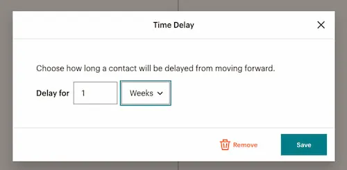 time-delay-mailchimp Mailchimp’s time delay lets you postpone the next step by N weeksdayshours